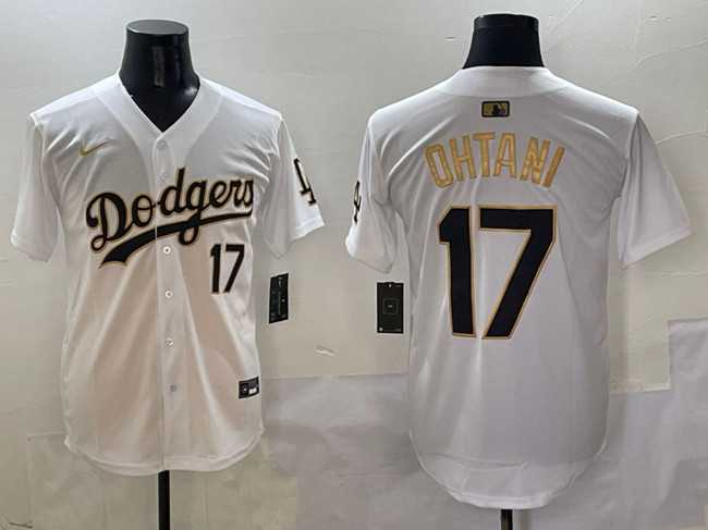 Men%27s Los Angeles Dodgers #17 Shohei Ohtani White Gold Limited Stitched Jersey->los angeles dodgers->MLB Jersey
